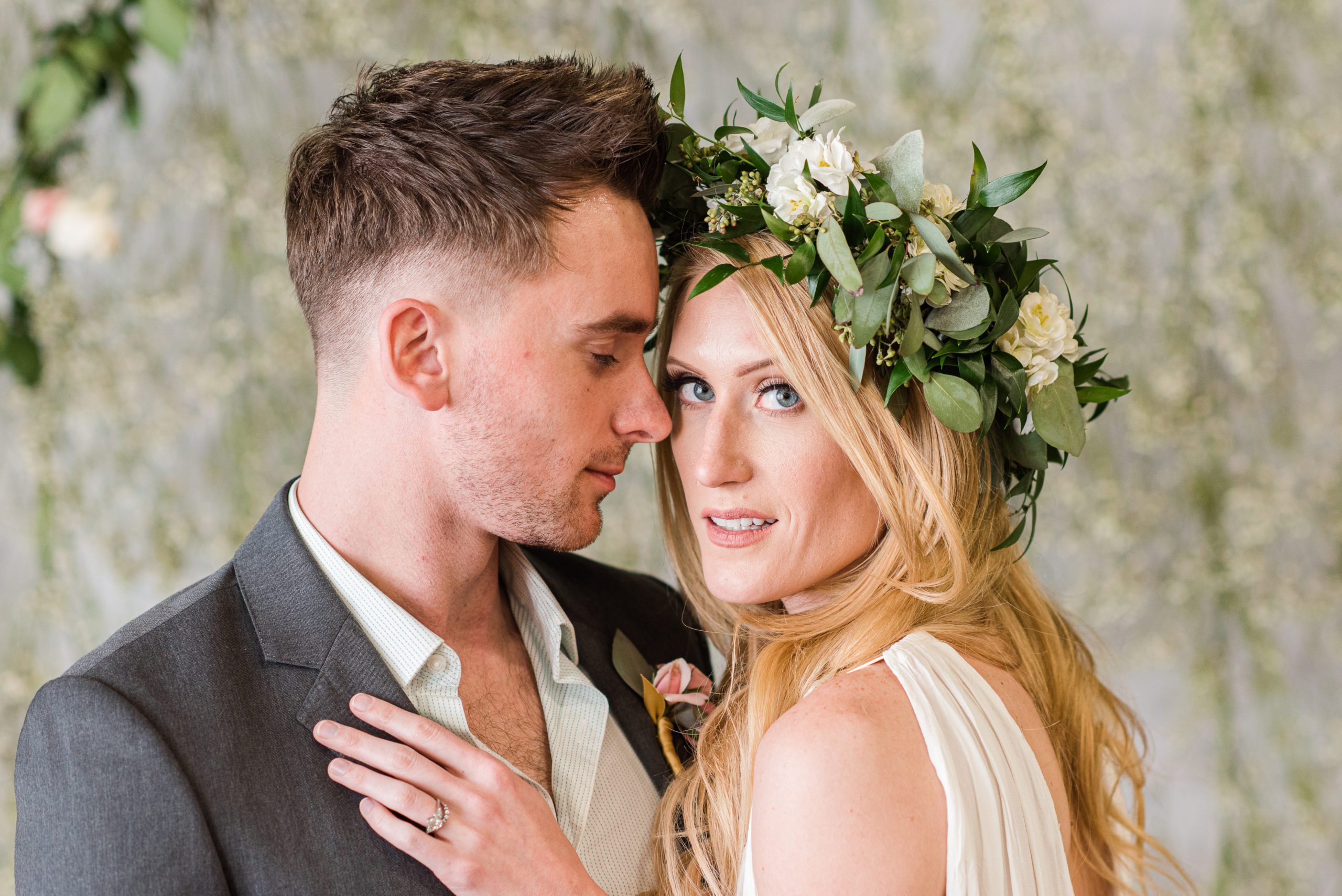 Bride and groom posing romantically