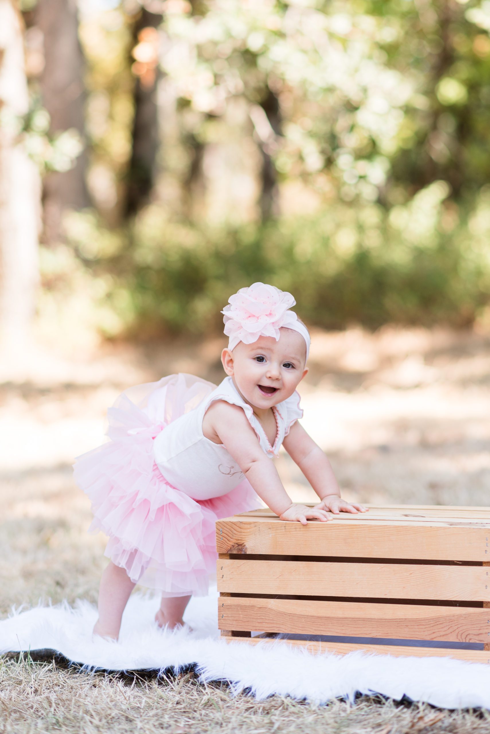 Annessa at 9 months standing by a crate in a field