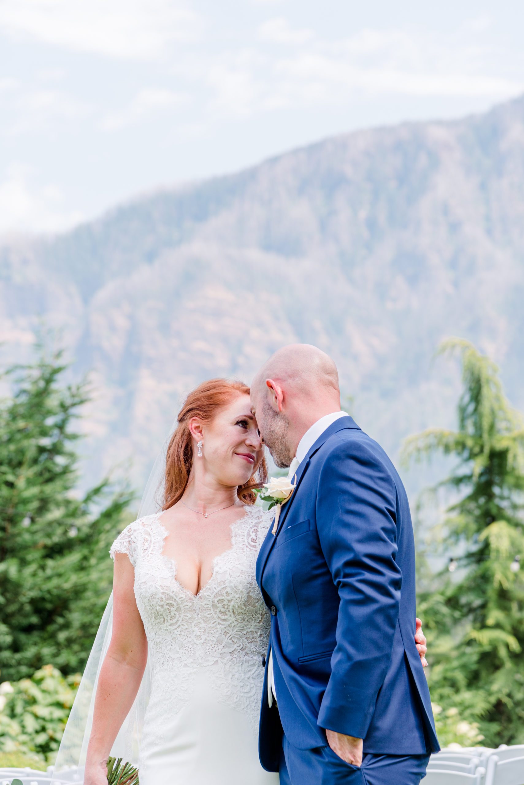 Bride and groom looking at each other at Cape Horn Estate in the Columbia Gorge