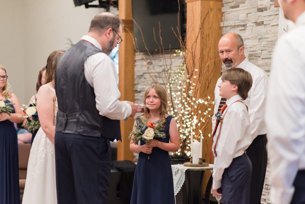 Wedding ceremony in Oregon where groom says special vows to brides children and the youngest daughter starts to cry