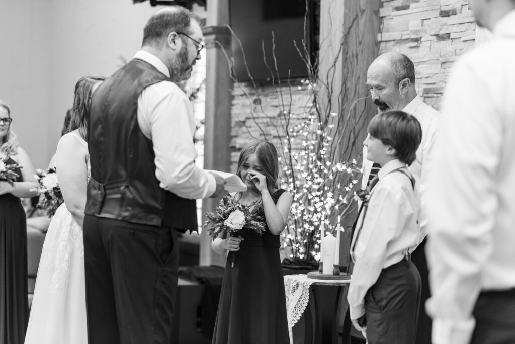 Wedding ceremony in Oregon where groom says special vows to brides children and the youngest daughter starts to cry