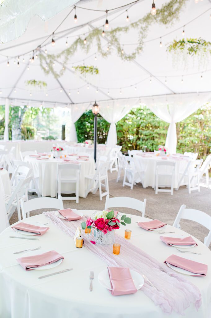 Reception set up with pink, champagne and white at East Fork Country Estate in Damascus Oregon