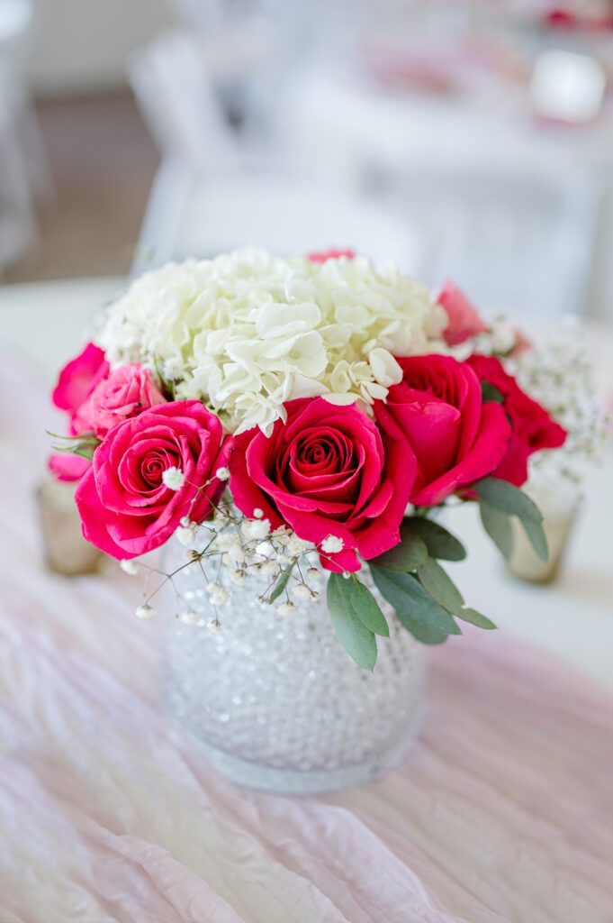 Pink roses and white hydrangeas at East Fork Country Estate in Damascus Oregon