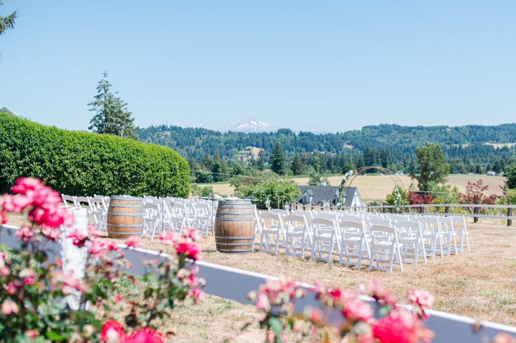 Ceremony location with view of Mt. Hood at East Fork Country Estate in Damascus Oregon